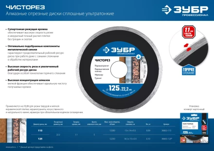 ЗУБР Чисторез, 115 мм, (22.2 мм, 5 х 1.1 мм), сплошной алмазный диск, Профессионал (36663-115) купить в Губкинске