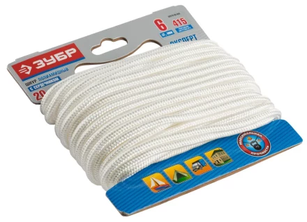 Шнур ЗУБР полиамидный, плетеный, повышенной нагрузки, с сердечником, белый, d 6, 20м 50310-06-020 купить в Губкинске