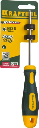 Отвертка KRAFTOOL, Cr-Mo-V сталь, двухкомпонентная противоскользящая рукоятка, HEX, №5x100мм 250075-5-100 купить в Губкинске