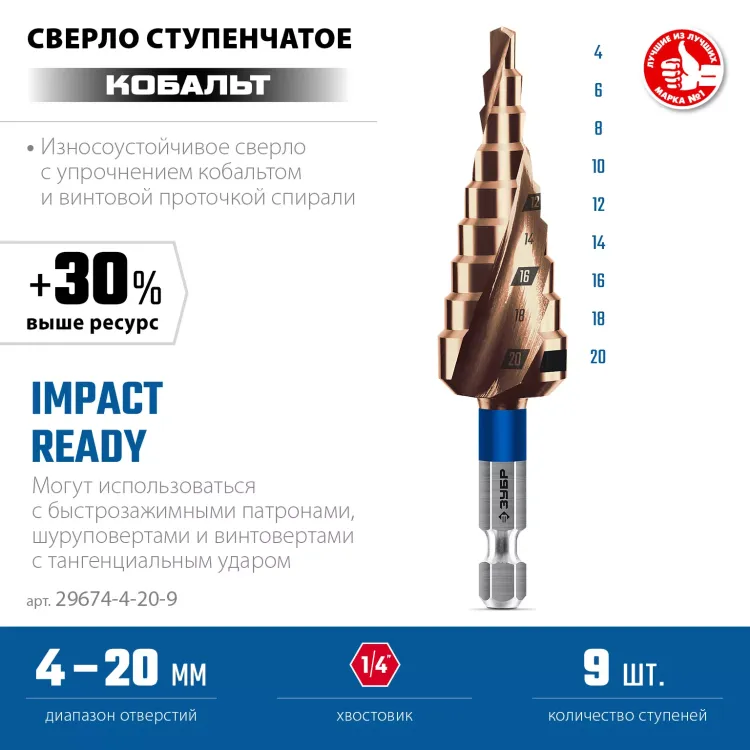 ЗУБР КОБАЛЬТ 4-20мм, 9 ступеней, винтовая проточка, сверло ступенчатое, серия Профессионал(29674-4-20-9) купить в Губкинске