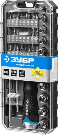 Набор ЗУБР &quot;ПРОФЕССИОНАЛ&quot;: Отвертка реверсив с двухкомп рукоят, насадки, CrMo, рукоят с отсеком для хранения бит, 38 предметов 25352-H38 купить в Губкинске