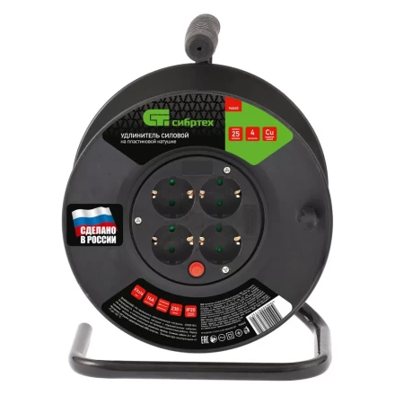 Удлинитель силовой 25 м, 16А, тип УХз16, ПВС, на кабельной катушке, 4 розетки, Россия Сибртех 96045 купить в Губкинске