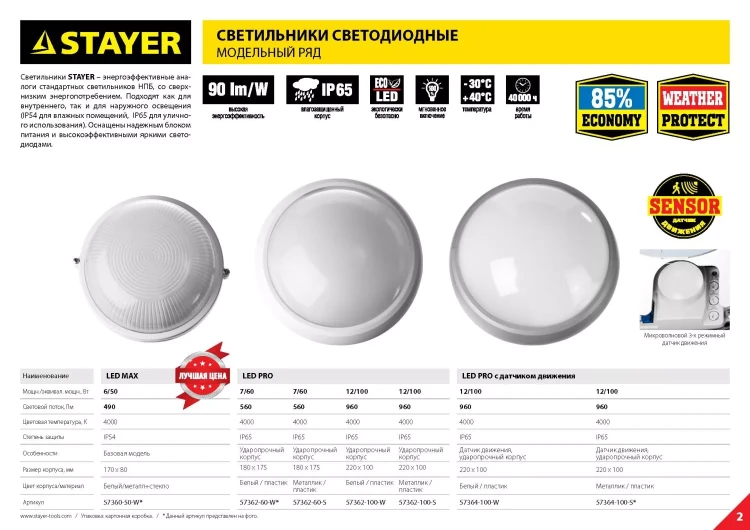 Светильник STAYER "PROFI" PROLight светодиодный, влагозащищенный IP65, пластиковый корпус, PC, влагозащищенный, круг, белый, 4000К, 12(100Вт) 57362-100-W купить в Губкинске