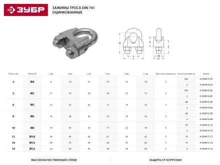 Зажим троса ЗУБР "ПРОФЕССИОНАЛ" DIN 741, оцинкованный, 16мм, 10 шт 4-304415-16 купить в Губкинске