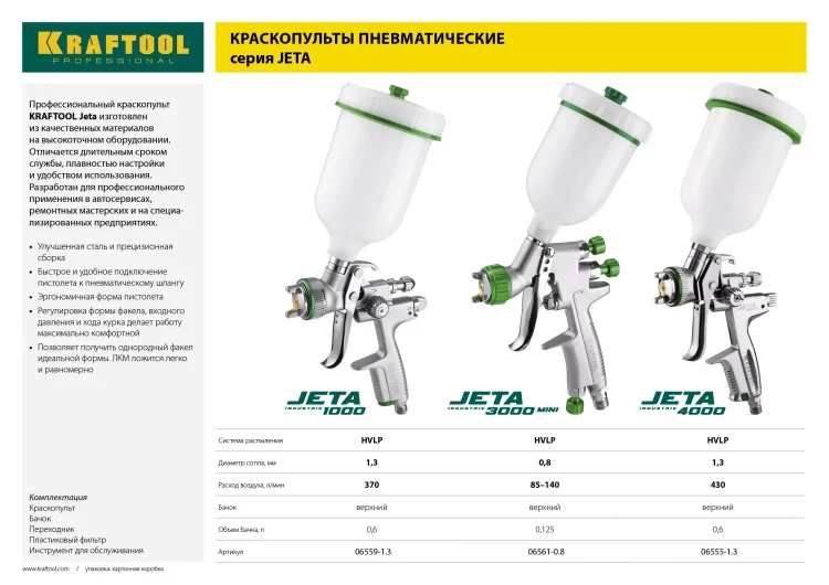 Краскопульт пневматический KRAFTOOL "PRO" Jeta 1000, HVLP, c верхним бачком, 1,3мм 06559-1.3 купить в Губкинске
