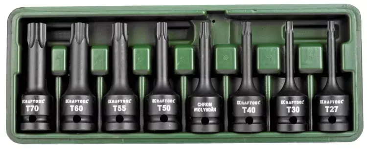 Торцовые головки KRAFTOOL "INDUSTRIE QUALITAT" ударные в наборе, (1/2"), Cr-Mo, фосфат., TORX, T27-T70, 8 шт. 27952-H8 купить в Губкинске
