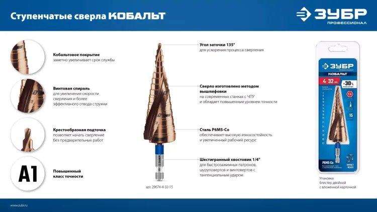 ЗУБР КОБАЛЬТ 4-12мм, 9 ступеней, винтовая проточка, сверло ступенчатое, серия Профессионал(29674-4-12-9) купить в Губкинске