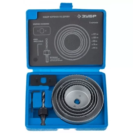 Набор ЗУБР &quot;ЭКСПЕРТ&quot; Коронки по дереву 64-127мм, державка с опорным основанием, ключ имбусовый 2,5мм, 7 предметов 29553-H7_z01 купить в Губкинске