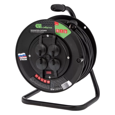 Удлинитель силовой на кабельной катушке, ПВС, 50 м, 4 розетки с крышкой, IP44, 16А, УХз16, Россия Сибртех 96048 купить в Губкинске