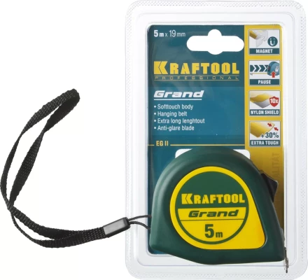 Рулетка KRAFTOOL GRAND, обрезиненный пластиковый корпус, 5м/19мм 34022-05-19 купить в Губкинске