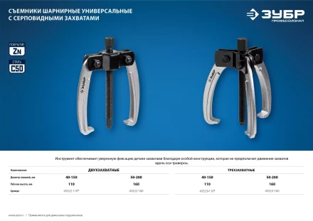 ЗУБР d 50 - 200 мм, шарнирный двухзахватный съемник с серповидными захватами, Профессионал (43322-160) купить в Губкинске