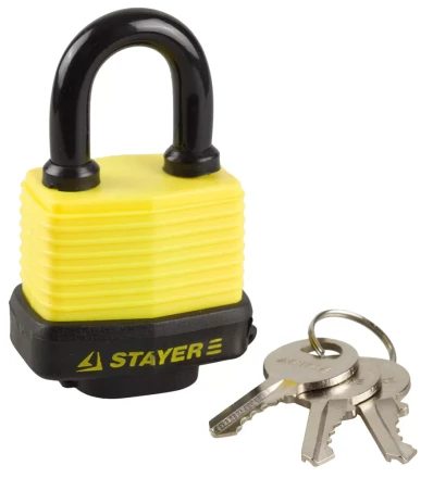 Замок STAYER "MASTER" навесной, всепогодный, пластиковая защита корпуса, с закаленной дужкой,на карточке, 50мм 37140-40 купить в Губкинске