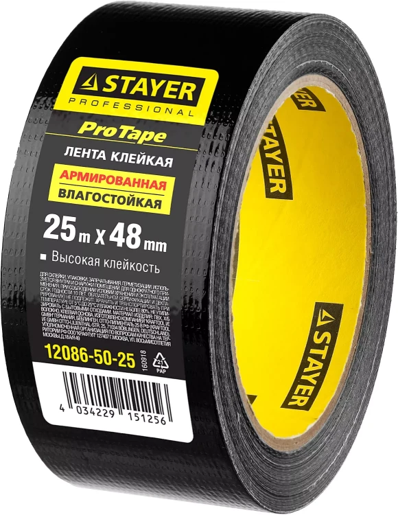 Армированная лента, STAYER Professional 12086-50-25, универсальная, влагостойкая, 48мм х 25м, черная 12086-50-25 купить в Губкинске