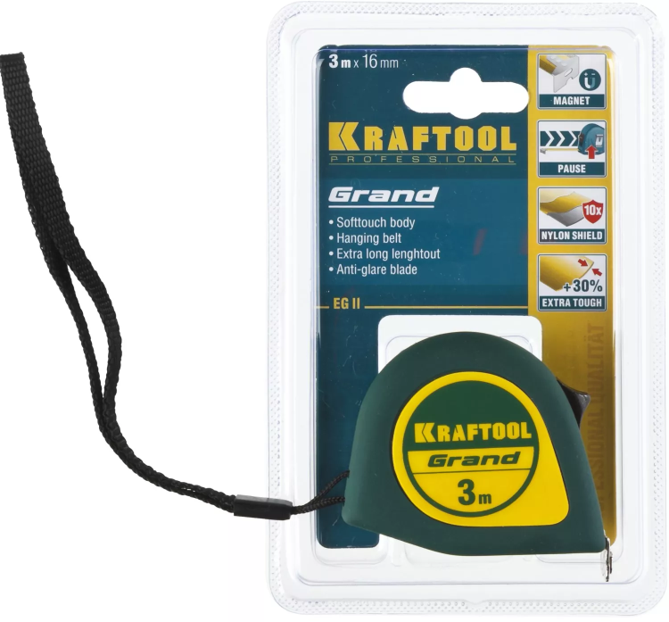 Рулетка KRAFTOOL GRAND, обрезиненный пластиковый корпус, 3м/16мм 34022-03-16 купить в Губкинске