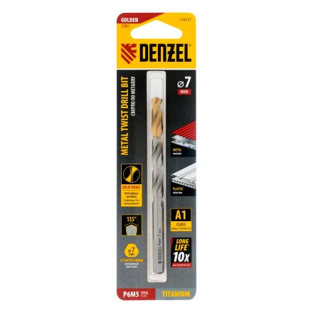 Сверло спиральное по металлу Denzel 7,0 x 109 мм, Р6М5, Golden Tip, 718237 купить в Губкинске