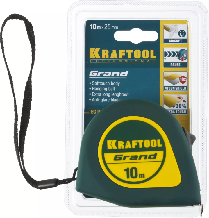 Рулетка KRAFTOOL GRAND, обрезиненный пластиковый корпус, 10м/25мм 34022-10-25 купить в Губкинске