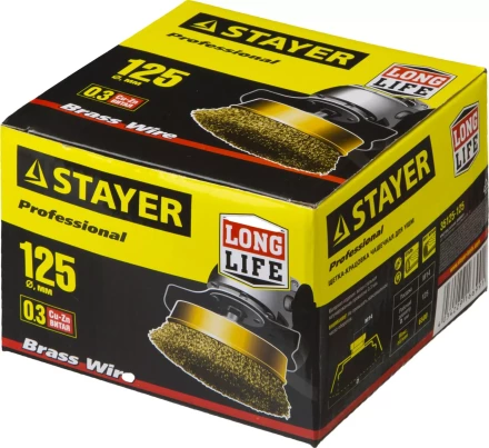 STAYER &quot;PROFESSIONAL&quot;. Щетка чашечная для УШМ, витая стальная латунированная проволока 0,3мм, 125ммхМ14 35125-125 купить в Губкинске