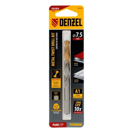 Сверло спиральное по металлу Denzel 7,5 x 109 мм, Р6М5, Golden Tip, 718238 купить в Губкинске