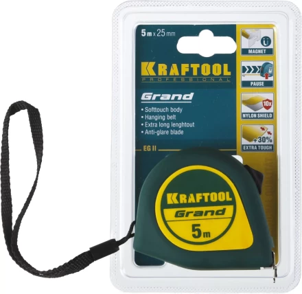 Рулетка KRAFTOOL GRAND, обрезиненный пластиковый корпус, 5м/25мм 34022-05-25 купить в Губкинске