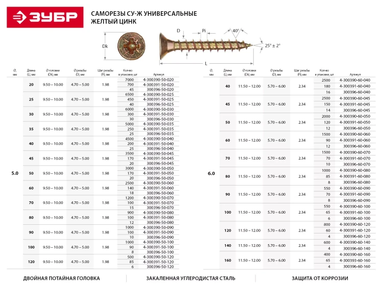 Шурупы ЗУБР "МАСТЕР" по дереву желтопассивированные, 4.0x50мм, 4000шт 4-300390-40-050 купить в Губкинске