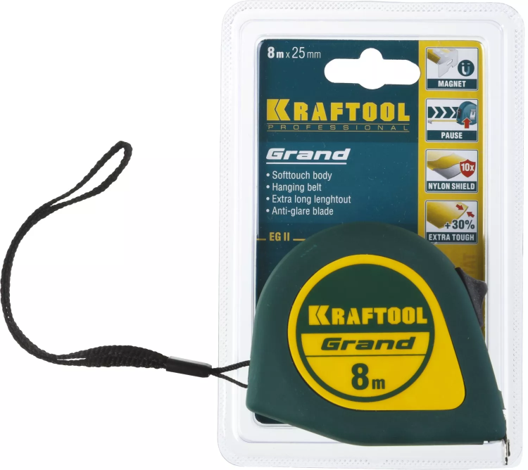 Рулетка KRAFTOOL GRAND, обрезиненный пластиковый корпус, 8м/25мм 34022-08-25 купить в Губкинске