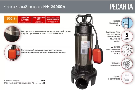 Фекальный насос Ресанта НФ-24000Л с измельчителем 77/5/4 купить в Губкинске