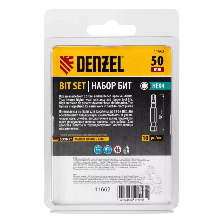 Бита HEX 4х50, сталь S2, шестигранный профиль, 10 шт. Е 6,3 Denzel 11662 купить в Губкинске