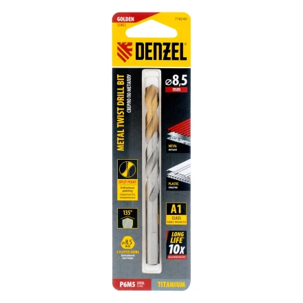 Сверло спиральное по металлу Denzel 8,5 x 117 мм, Р6М5, Golden Tip, 718240 купить в Губкинске