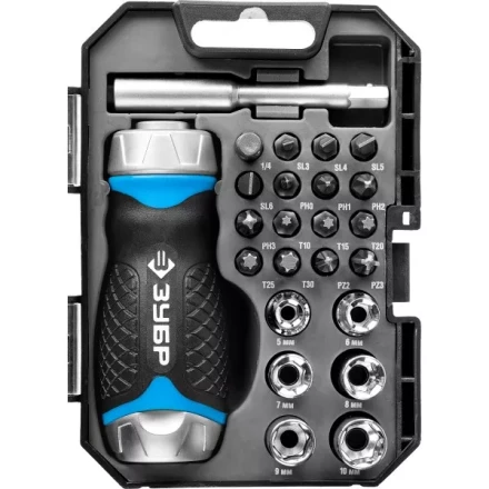 Набор ЗУБР "ПРОФЕССИОНАЛ": Отвертка реверсив с двухкомп рукоят, насадки, CrMo, рукоят с отсеком для хранения бит, 24 предмета 25353-H24 купить в Губкинске