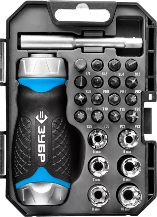 Набор ЗУБР "ПРОФЕССИОНАЛ": Отвертка реверсив с двухкомп рукоят, насадки, CrMo, рукоят с отсеком для хранения бит, 24 предмета 25353-H24 купить в Губкинске