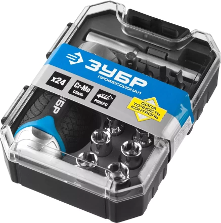 Набор ЗУБР "ПРОФЕССИОНАЛ": Отвертка реверсив с двухкомп рукоят, насадки, CrMo, рукоят с отсеком для хранения бит, 24 предмета 25353-H24 купить в Губкинске