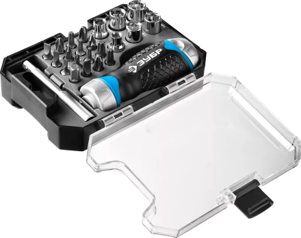 Набор ЗУБР "ПРОФЕССИОНАЛ": Отвертка реверсив с двухкомп рукоят, насадки, CrMo, рукоят с отсеком для хранения бит, 24 предмета 25353-H24 купить в Губкинске