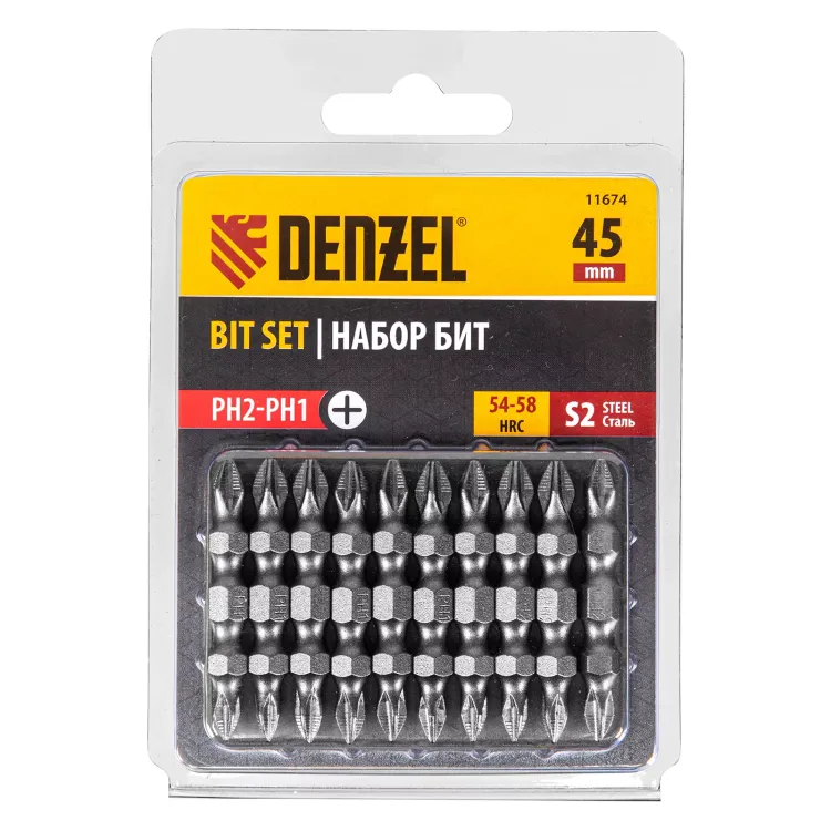 Бита двухсторонняя, PH2-PH1 х 45 мм, сталь S2, 10 шт. Denzel 11674 купить в Губкинске