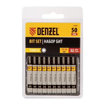 Бита TX 10х50, сталь S2, шестигранный профиль, 10 шт. Е 6,3 Denzel 11667 купить в Губкинске