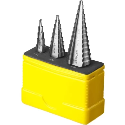 Набор STAYER &quot;MASTER&quot;: Ступенчатые сверла по сталям и цвет.мет., сталь HSS, d=4-12мм,5 ступ. d 4-20 мм 9 ступ., d 4-30мм 14ступ. 29660-4-30-H3 купить в Губкинске