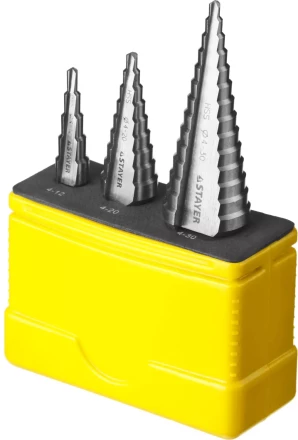 Набор STAYER &quot;MASTER&quot;: Ступенчатые сверла по сталям и цвет.мет., сталь HSS, d=4-12мм,5 ступ. d 4-20 мм 9 ступ., d 4-30мм 14ступ. 29660-4-30-H3 купить в Губкинске