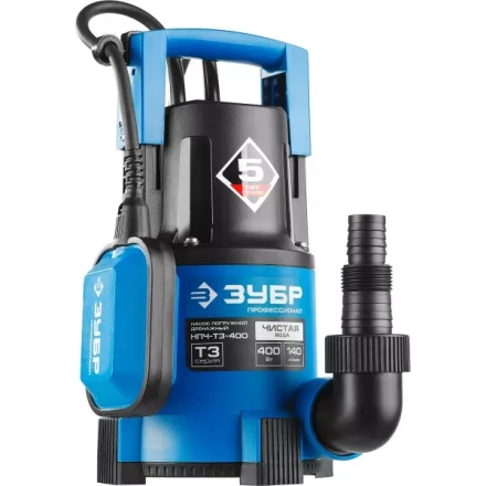 Насос ЗУБР &quot;ПРОФЕССИОНАЛ&quot; Т3 погружной дренажный для чистой воды (d пропускаемых частиц до 5мм), 400Вт, пропускная способность 140л/мин, напор 8,0м НПЧ-Т3-400 купить в Губкинске