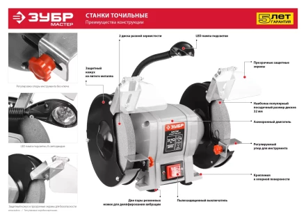 Станок точильный увеличенная мощность + лампа подсветки ЗТШМ-150-250 серия МАСТЕР купить в Губкинске