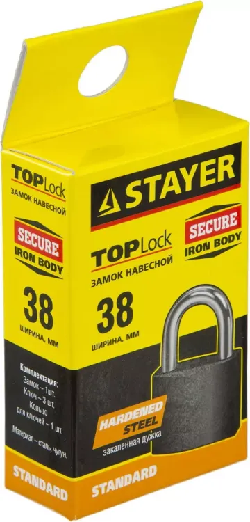 Замок STAYER "STANDARD" навесной, металлический корпус, закаленная дужка, 38мм 37160-38 купить в Губкинске