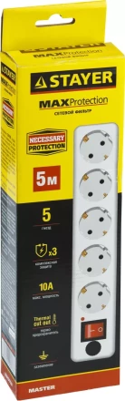Сетевой фильтр STAYER &quot;MASTER&quot; электрический, 5 гнезд, макс. мощн. 2200 Вт, 5м 55066-5 купить в Губкинске