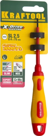 Отвертка KRAFTOOL, высоковольтная, Cr-Mo-V стержень, двухкомпонент. маслобензостойкая рукоятка, SL, 2,5х75мм 250083-2.5-075 купить в Губкинске