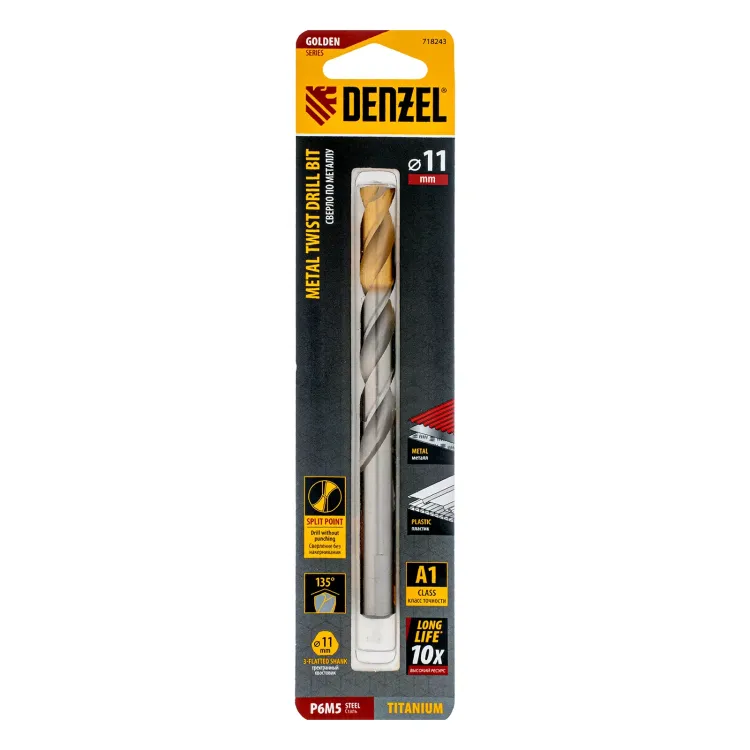 Сверло спиральное по металлу Denzel, 11 x 142 мм, Р6М5, Golden Tip, 718243 купить в Губкинске