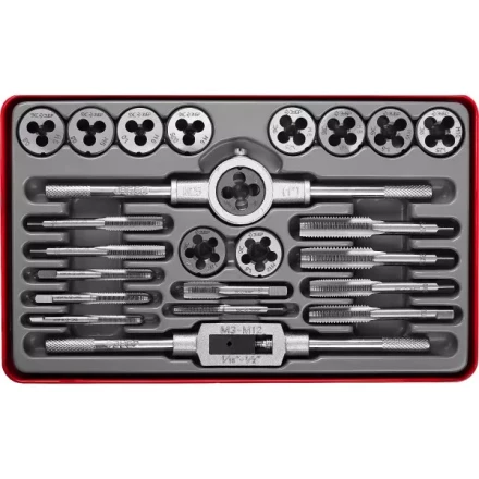 Набор ЗУБР &quot;ЭКСПЕРТ&quot; с металлореж. инструментом, метчики однопроходные и плашки М5-М12, оснастка-в метал. боксе, 24пред. 28116-H24 купить в Губкинске