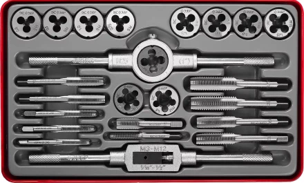 Набор ЗУБР &quot;ЭКСПЕРТ&quot; с металлореж. инструментом, метчики однопроходные и плашки М5-М12, оснастка-в метал. боксе, 24пред. 28116-H24 купить в Губкинске