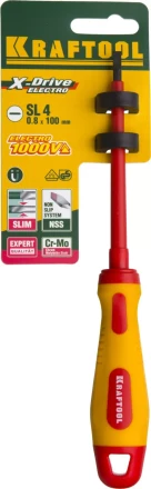 Отвертка KRAFTOOL, высоковольтная, Cr-Mo-V стержень, двухкомпонент. маслобензостойкая рукоятка, SL, 4,0х100мм 250083-4.0-100 купить в Губкинске