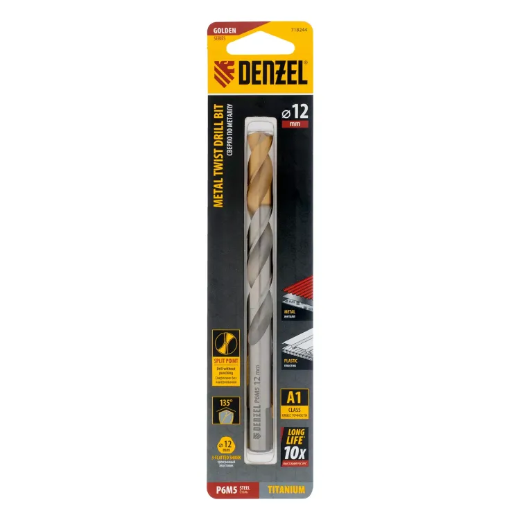 Сверло спиральное по металлу Denzel,  12 x 151 мм, Р6М5, Golden Tip 718244 купить в Губкинске