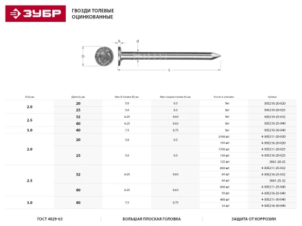 Гвозди толевые, оцинкованные в п/э пакете, 2,5x32мм, 65шт 3061-25-32 купить в Губкинске