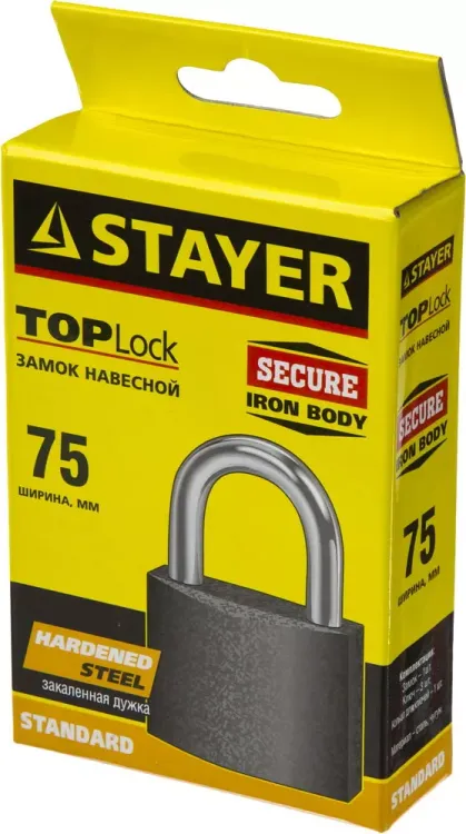 Замок STAYER "STANDARD" навесной, металлический корпус, закаленная дужка, 75 мм 37160-75 купить в Губкинске