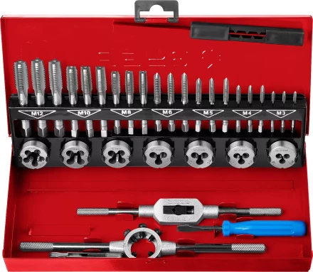 Набор ЗУБР &quot;ЭКСПЕРТ&quot; с метал.реж. инстр., метчики комплект. из 3-х штук и плашки М3-М12, оснастка-в метал.боксе, 32пред. 28129-H32 купить в Губкинске