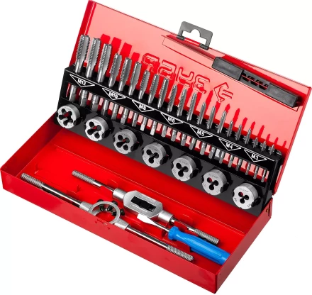 Набор ЗУБР &quot;ЭКСПЕРТ&quot; с метал.реж. инстр., метчики комплект. из 3-х штук и плашки М3-М12, оснастка-в метал.боксе, 32пред. 28129-H32 купить в Губкинске